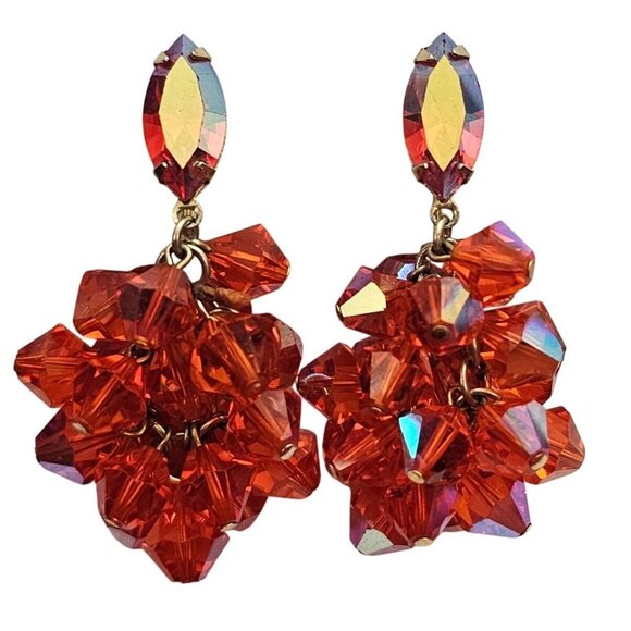 Lewis Segal Orange Rhinestone Clip On Bicone AB Dangle Earrings Signed C933
